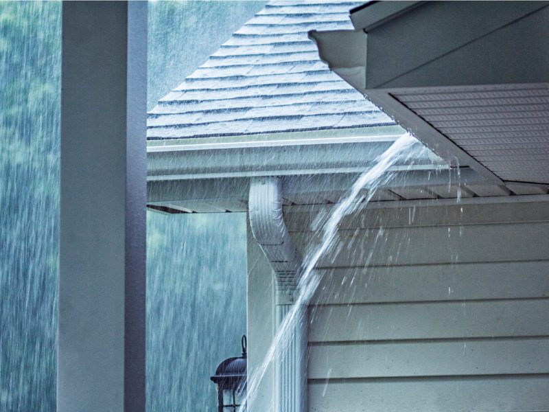 Storm water overflowing from a roof gutter