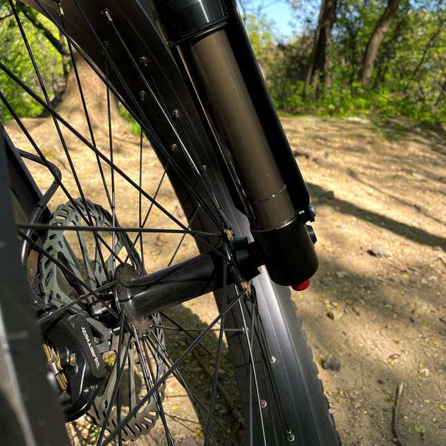 A photo of the front suspension on the Jeep e-bike. 