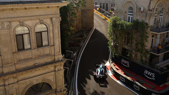 A photo of Alpine racer Esteban Ocon driving in the Azerbaijan Grand Prix. 