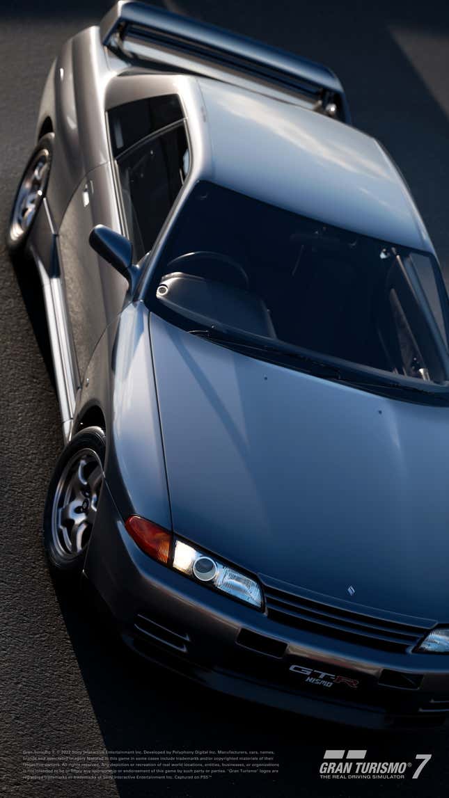 Gran Turismo 7 promotional image of the 1990 Nissan Skyline GT-R Nismo seen from above.