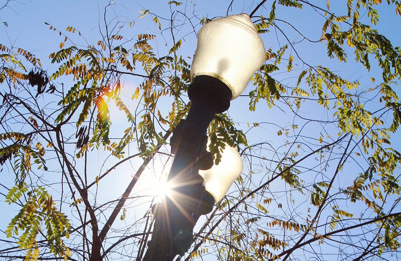 city lamp in from of blue sky and sun