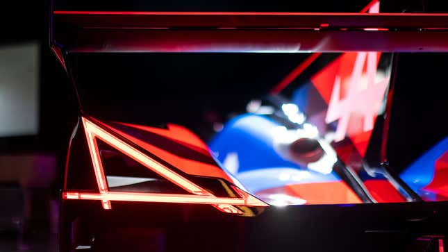 A photo of the A shaped tail lights on the Alpine race car. 