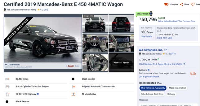 Autotrader listing of a Mercedes E450 wagon