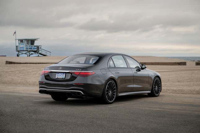 Rear three quarter view of the 2024 Mercedes AMG S63 E Performance