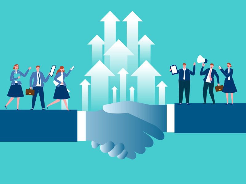 Illustration of a bridge of two shaking hands. Businesspeople cross the bridge on either side and increase their business