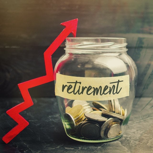 A jar of retirement money, with an arrow going up