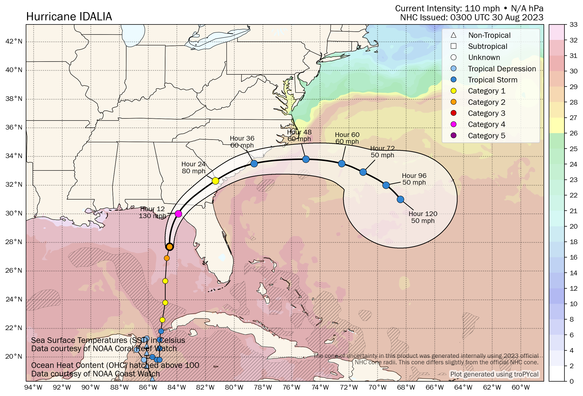 Tropical storm or hurricane Idalia forecast path and wind speed forecast