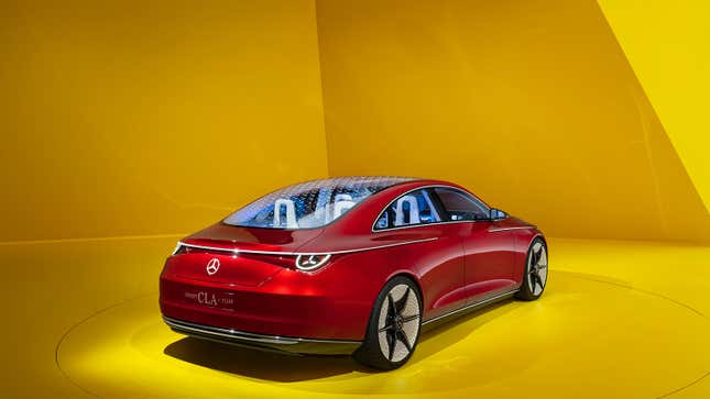 A photo of the rear quarter of the Mercedes CLA Concept EV. 