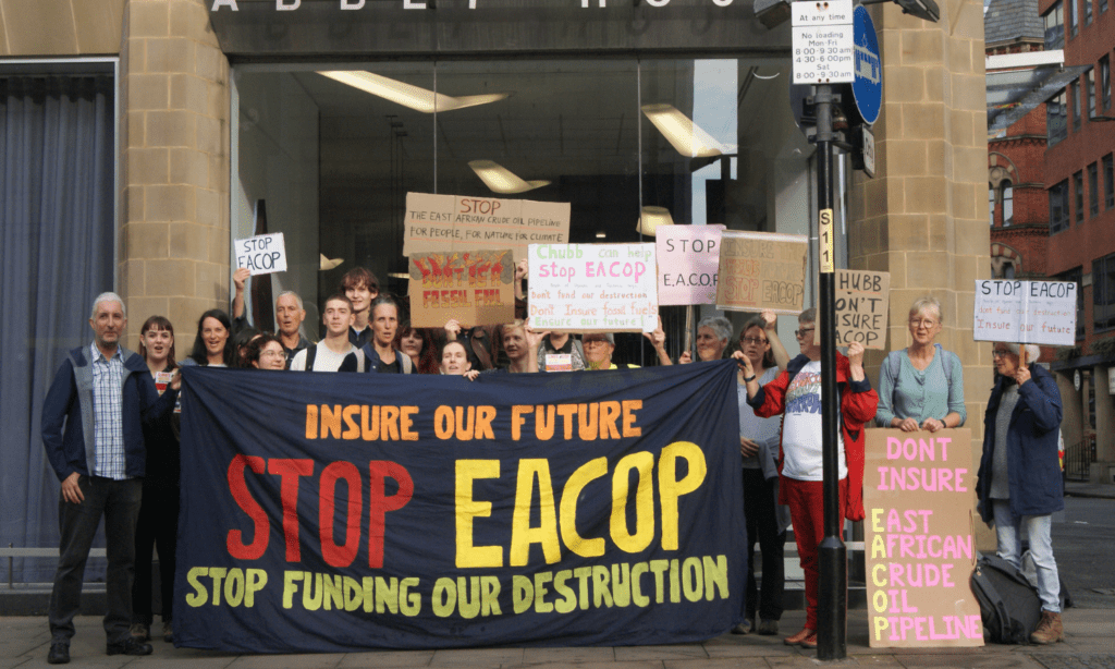 Protesters rally outside Chubb premises