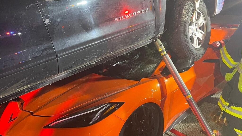 Chevy Silverado Mounts Corvette C8 In Bizarre Crash