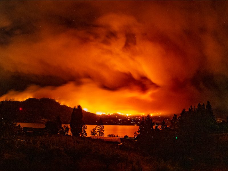 Forest fire at night in the Okanagan