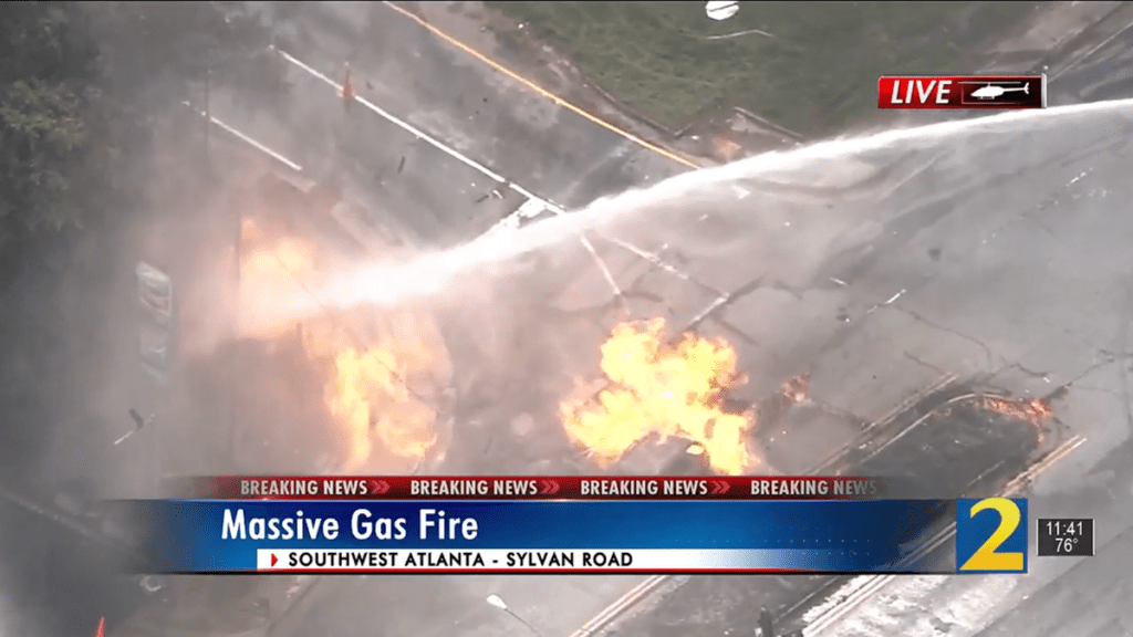 Broken Gas Line Causes Massive Road Fire In Atlanta