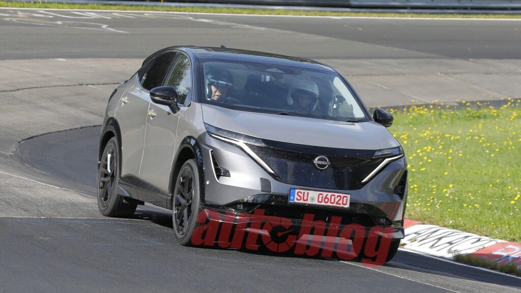 Spy photos capture sporty Nissan Ariya EV prototype testing at the 'Ring