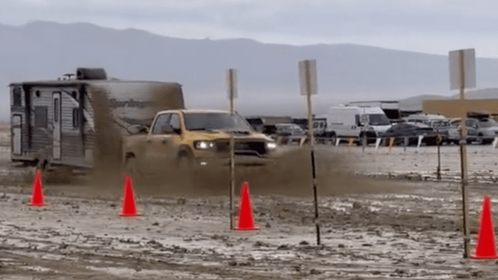 Watch This RAM TRX Escape A Rained-Out Burning Man With An RV