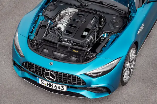 The 375-hp 2.0-liter 4-cylinder engine of the 2023 Mercedes AMG SL43