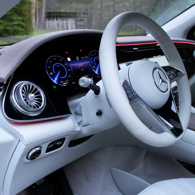 A photo of the steering column on an EQS SUV. 