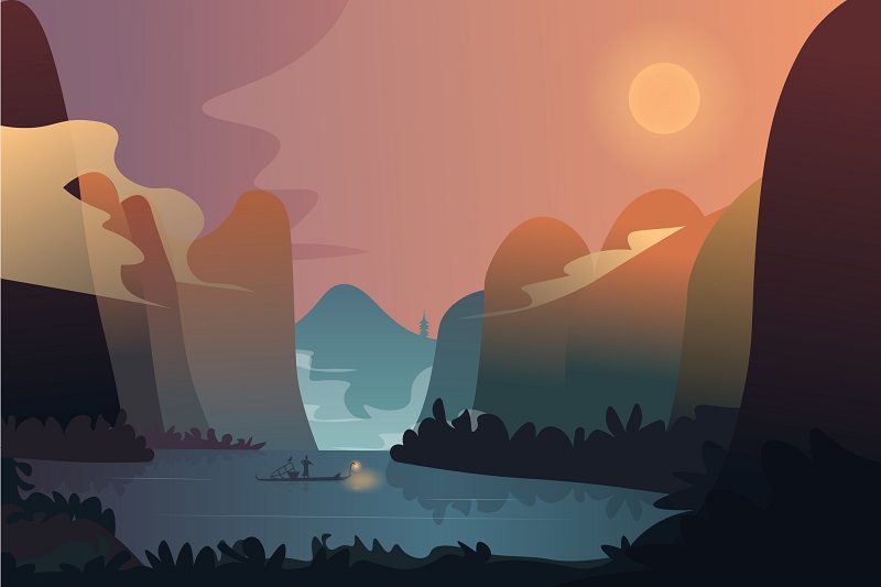 Lone fisherman at sunrise against the backdrop of a mountain landscape. Vector illustration.