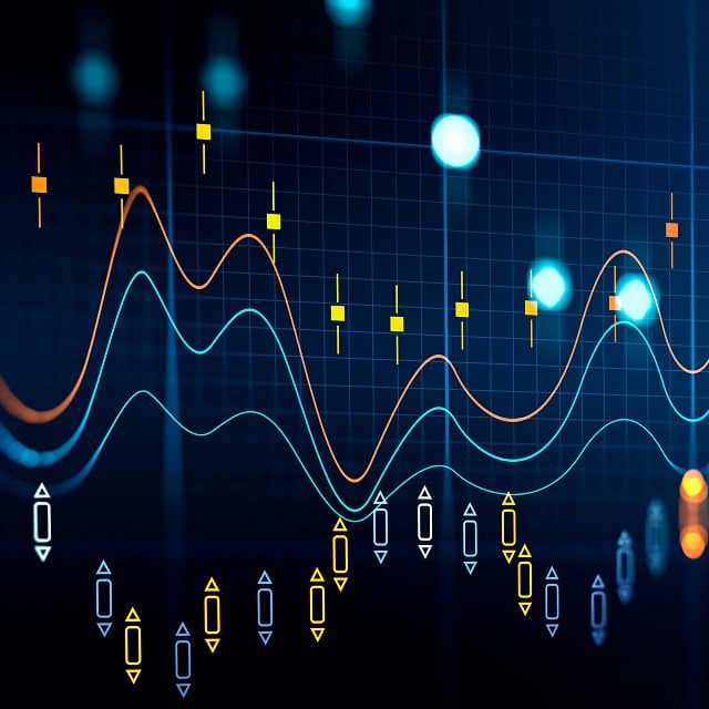 Stock market changes, forex candlesticks and bokeh lights. Yellow and blue hologram with chart and lines. Concept of online trading