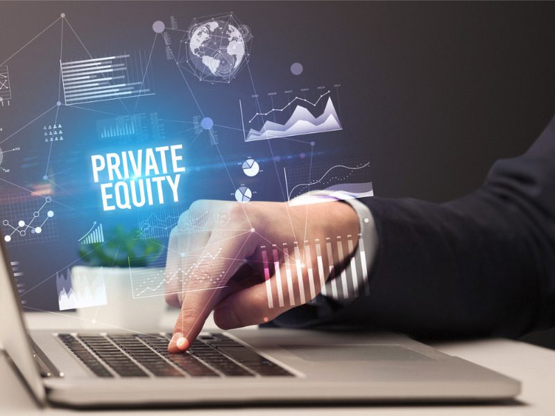 The words 'private equity' appearing above a laptop