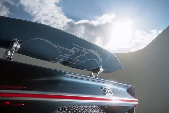 Rear wing detail of a blue Bugatti Chiron Super Sport