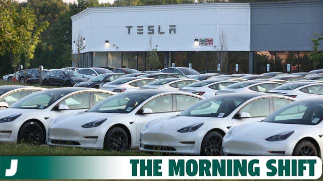 New Tesla electric vehicles fill the car lot at the Tesla retail location on Route 347 in Smithtown, New York on July 5, 2023.