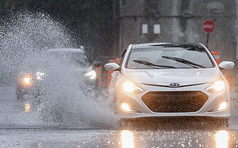 Pooling water during heavy rain in Montreal in October.