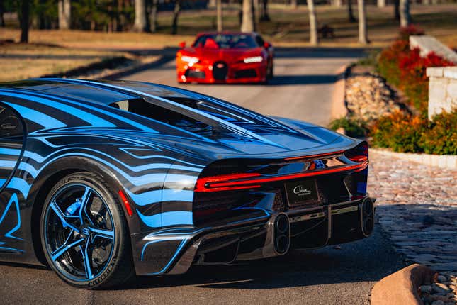 Close-up of a blue and black Bugatti Chiron Super Sport's rear end