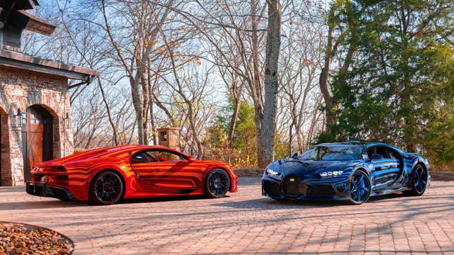 Two Bugatti Chiron Super Sports with zebra-stripe paintjobs