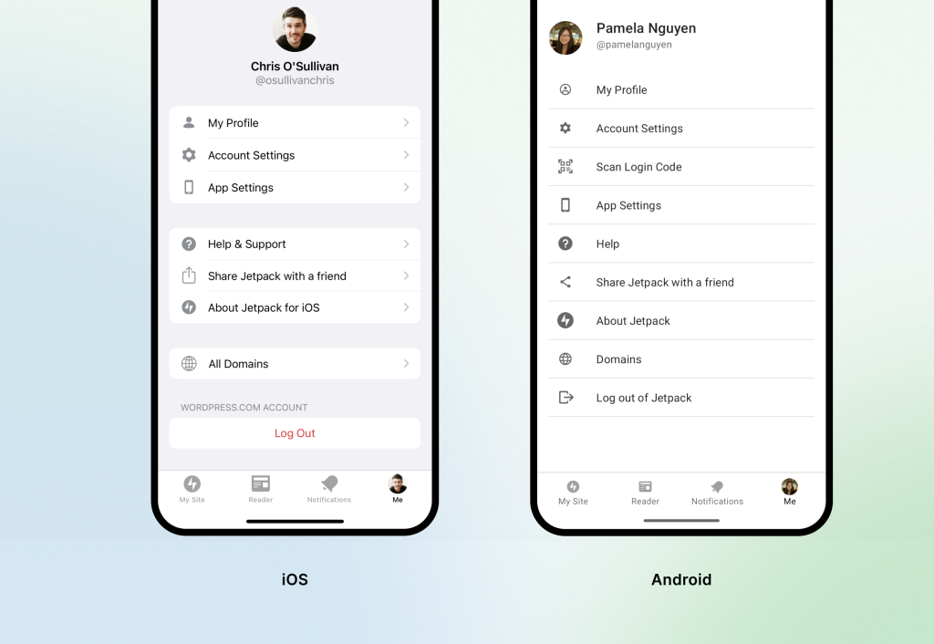 Screenshot of new "Me" tab placement in the Jetpack mobile app, for both iOS and Android. 