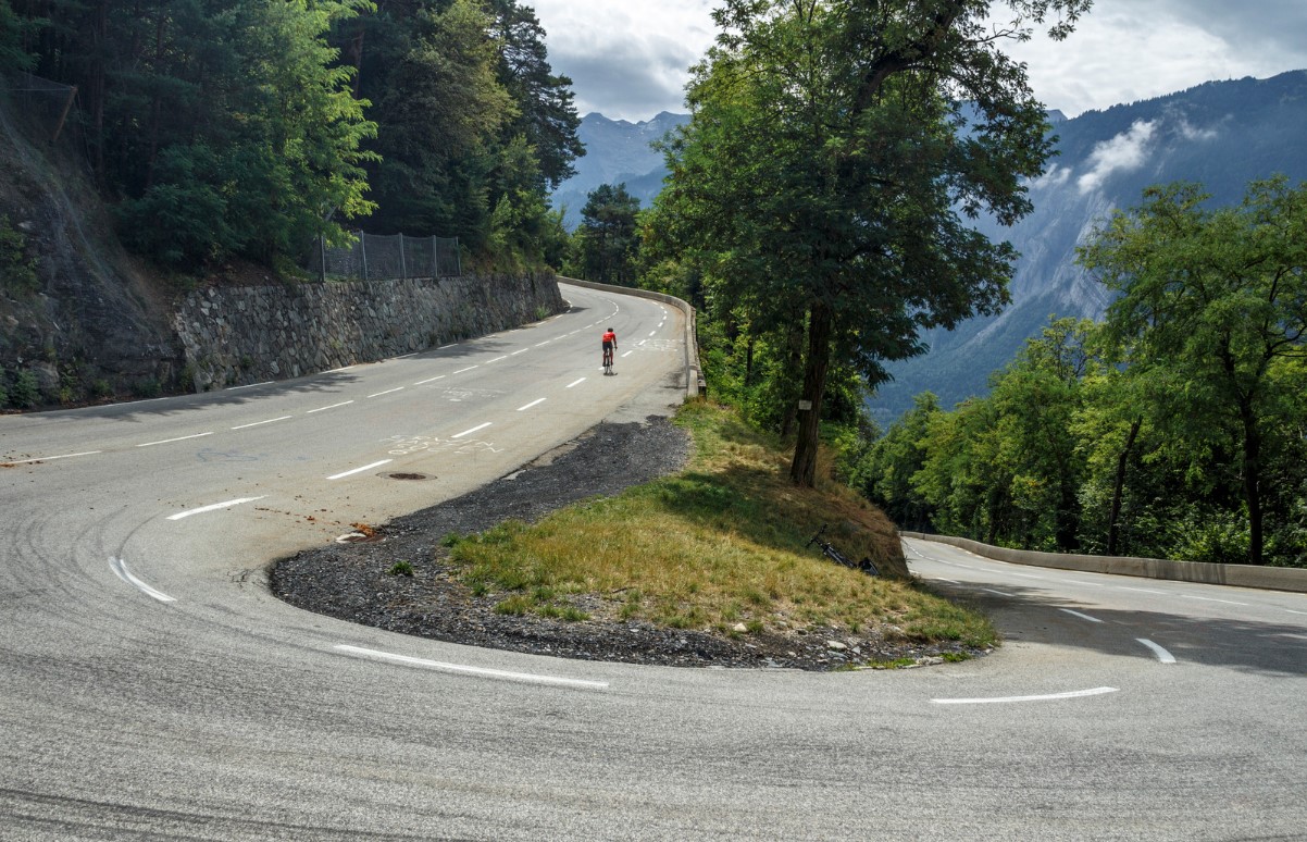 A cyclist ascending Alp D'Huez