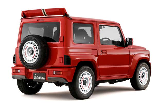 Rear 3/4 view of a red Suzuki Jimny with a Lancia Delta Integrale bodykit