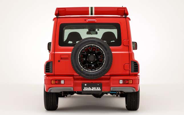 Rear view of a red Suzuki Jimny with a Lancia Delta Integrale bodykit