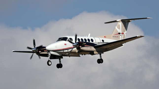 Beech 200 Super King Air, from private company, getting ready to land at Barcelona airport, in Barcelona on 10th february 2022. 