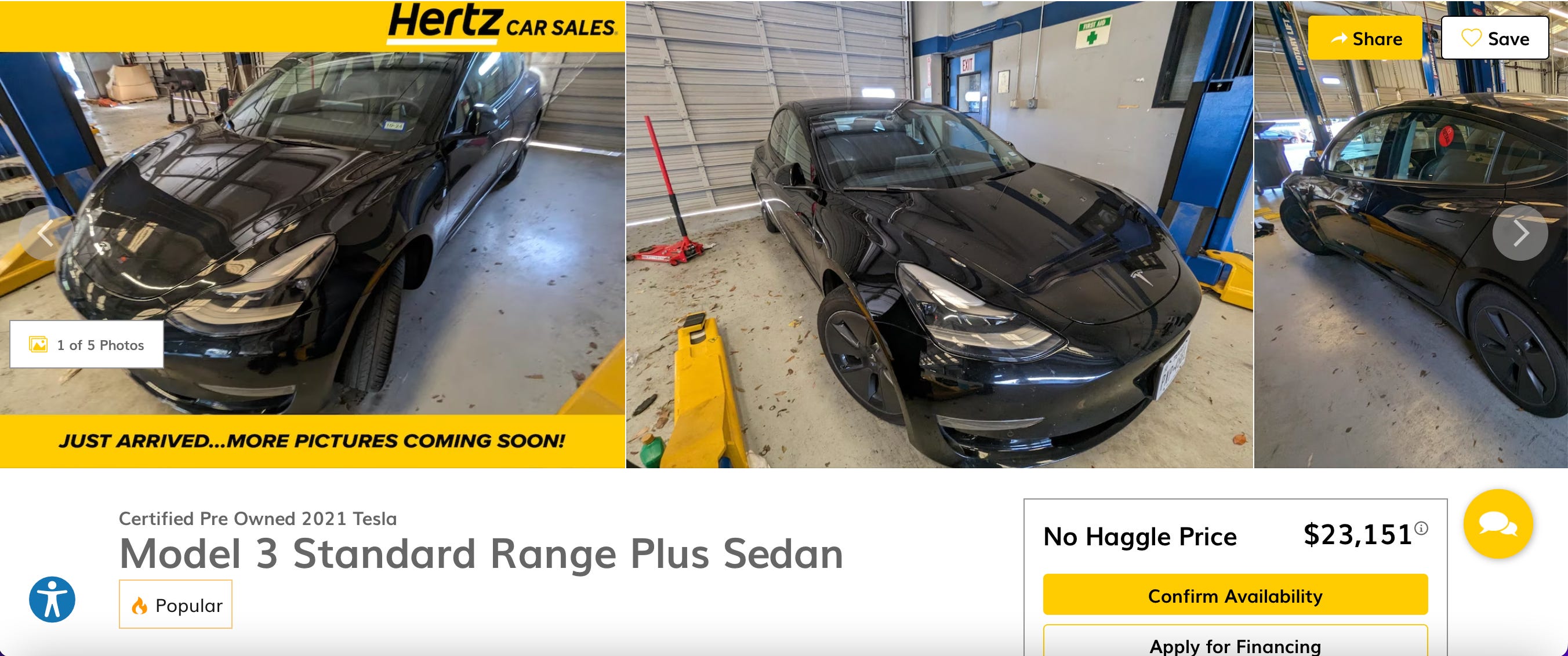 Used Tesla Model 3 listing on Hertz