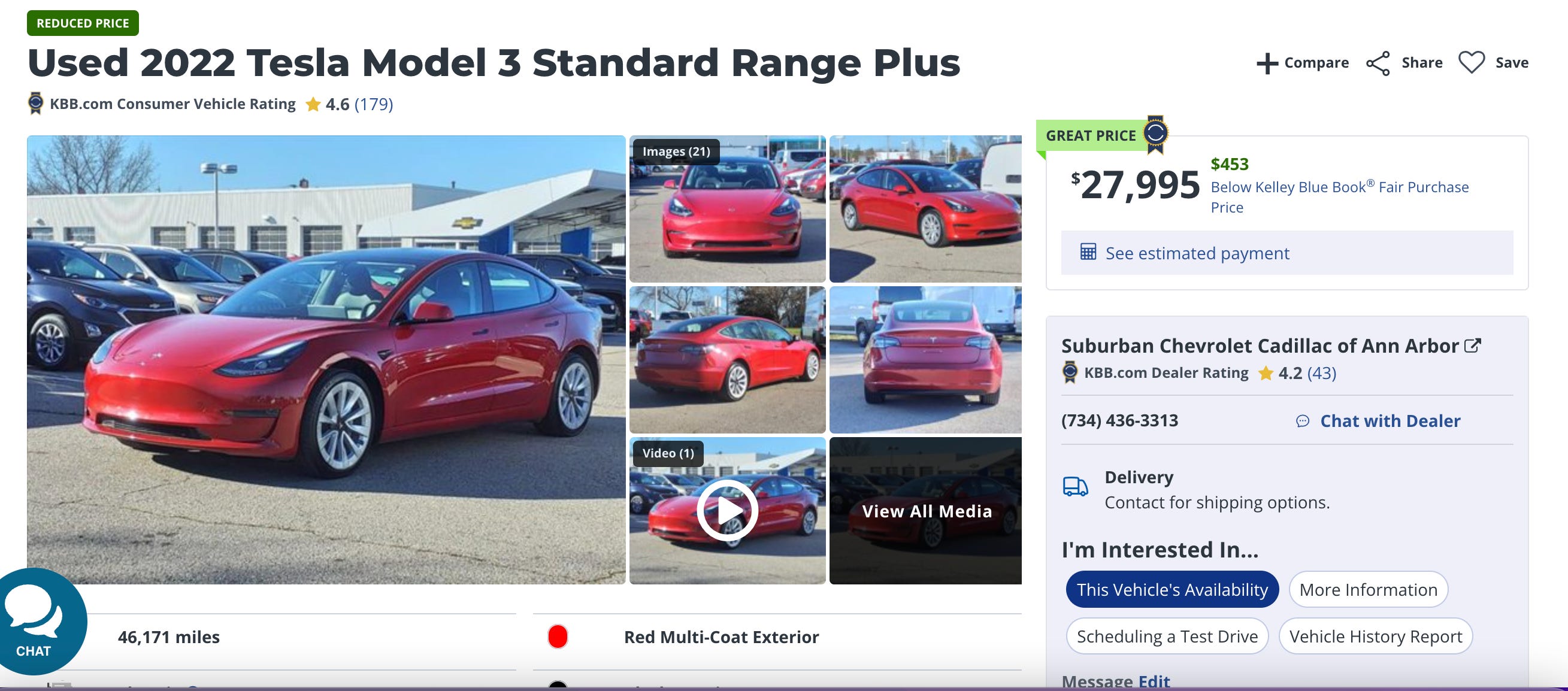 Screen shot of a used Tesla Model 3 listing on KBB