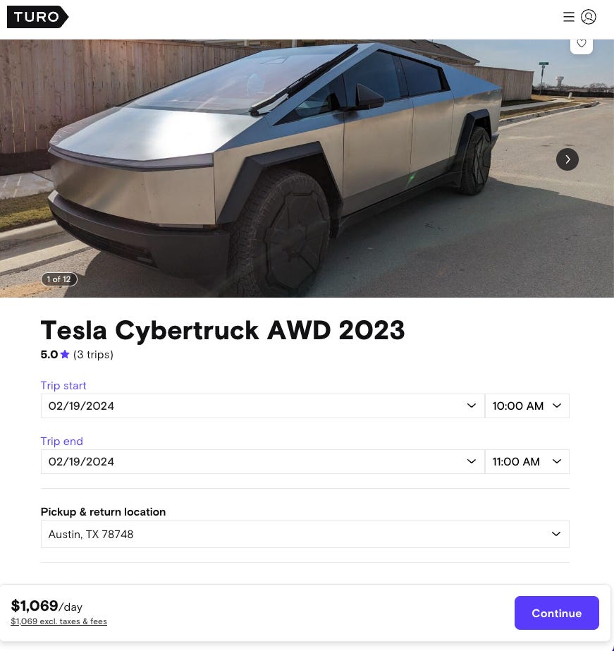 Tesla Cybertruck listing on Turo