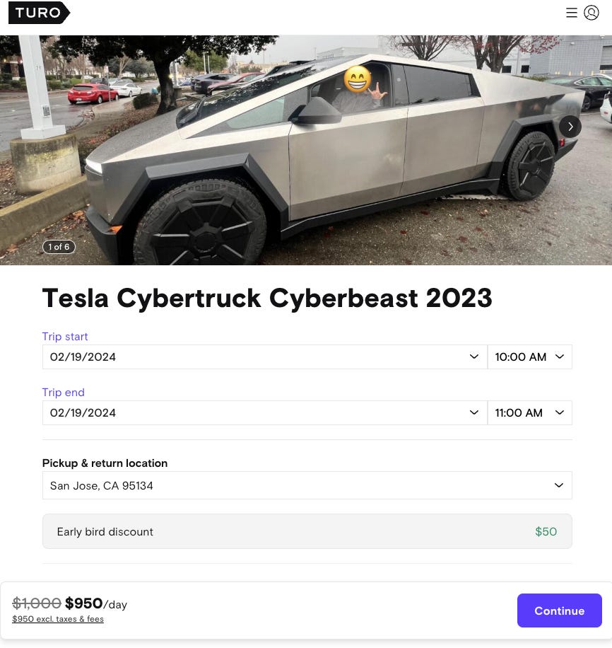 Tesla Cybertruck listing on Turo