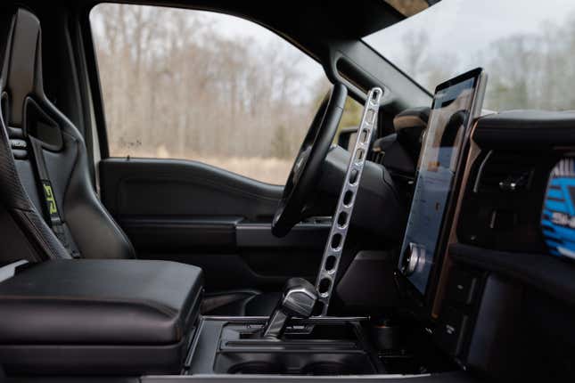 The interior of the Switchgear, with race buckets and a giant handbrake lever