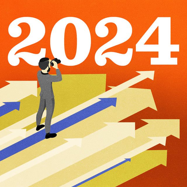 2024 outlook - Businessman with binoculars/arrows