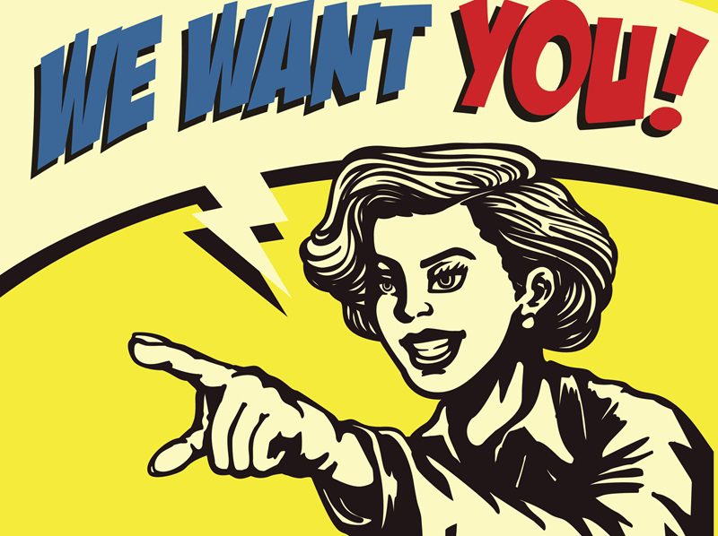 We want you! Retro woman pointing finger vector illustration