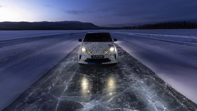 A photo of the Alpine A290 hatchback testing on snow. 