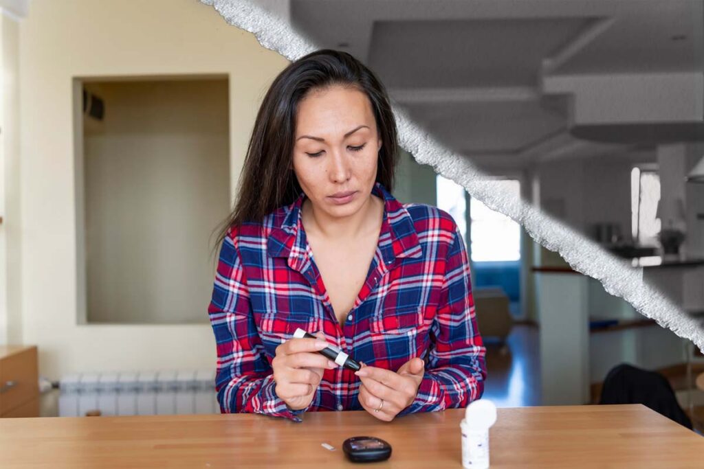 A woman performs a regular blood sugar check