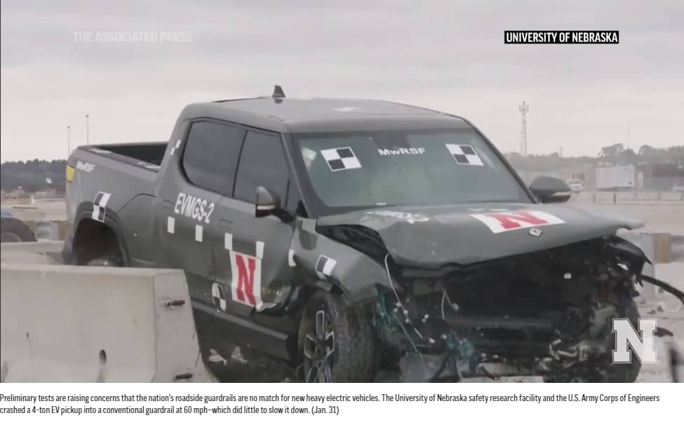 Preliminary test crashes indicate the nation’s guardrail system can’t handle heavy electric vehicles