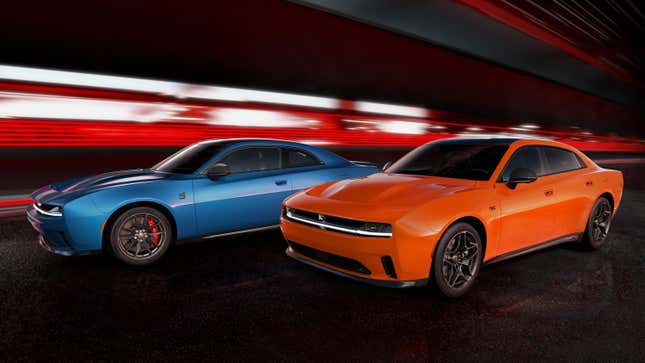 Front 3/4 view of a blue 2024 Dodge Charger EV two-door next to an orange 2024 Dodge Charger EV four-door