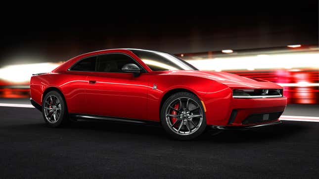 Front 3/4 view of a red 2024 Dodge Charger Daytona EV