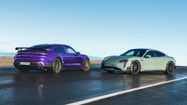 A purple Porsche Taycan Turbo GT parked next to a green Taycan Turbo GT