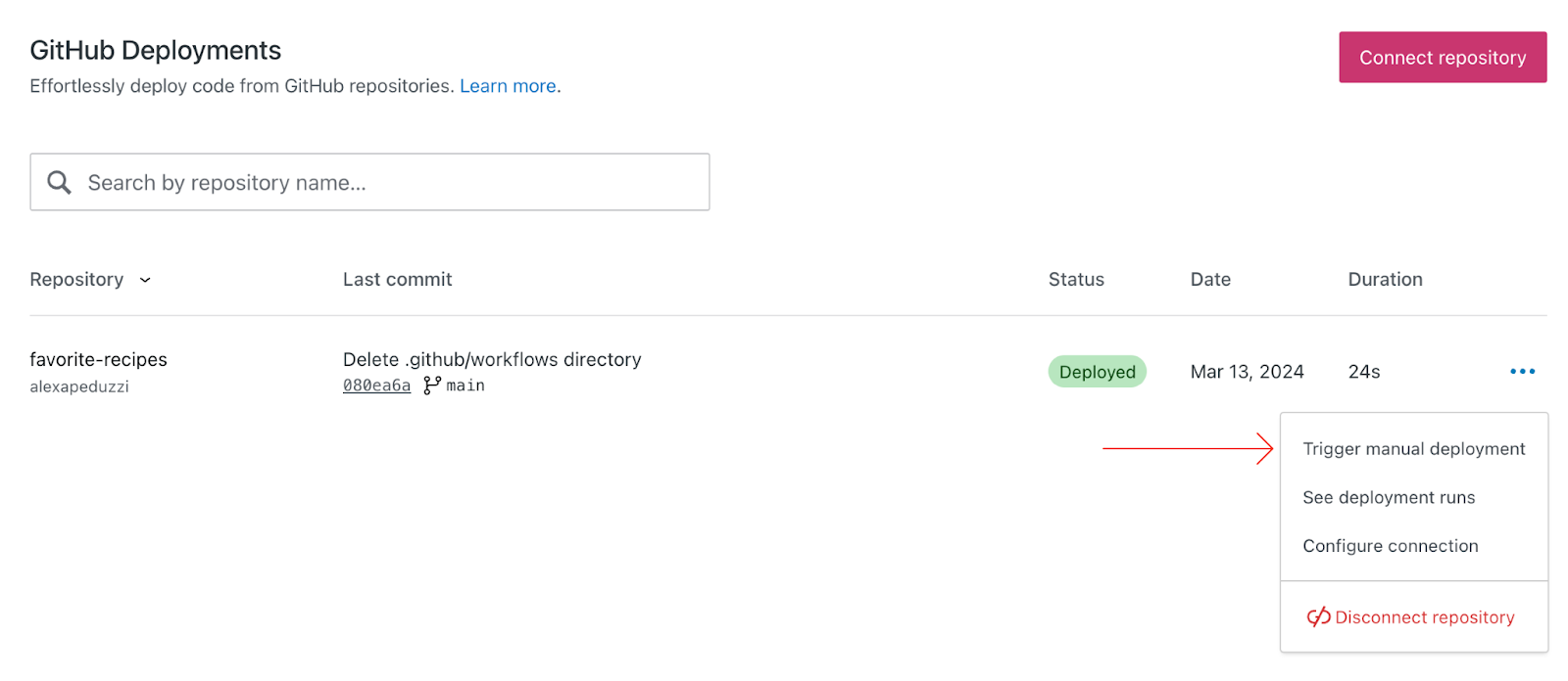 The repository listing for WordPress.com's GitHub Deployments with a red arrow pointing to the repository option menu item 'Trigger manual deployment'