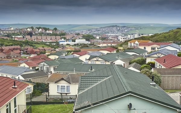 View across Newhaven, East Sussex with prefab buildings in the foreground