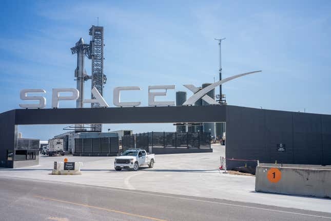 A Chevy Silverado stands guard at the Starbase in Boca Chica, Texas.