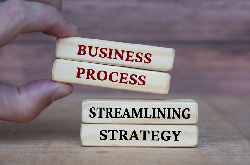 Business process and streamlining strategy text on wooden blocks. Business culture and Operational excellence concept.